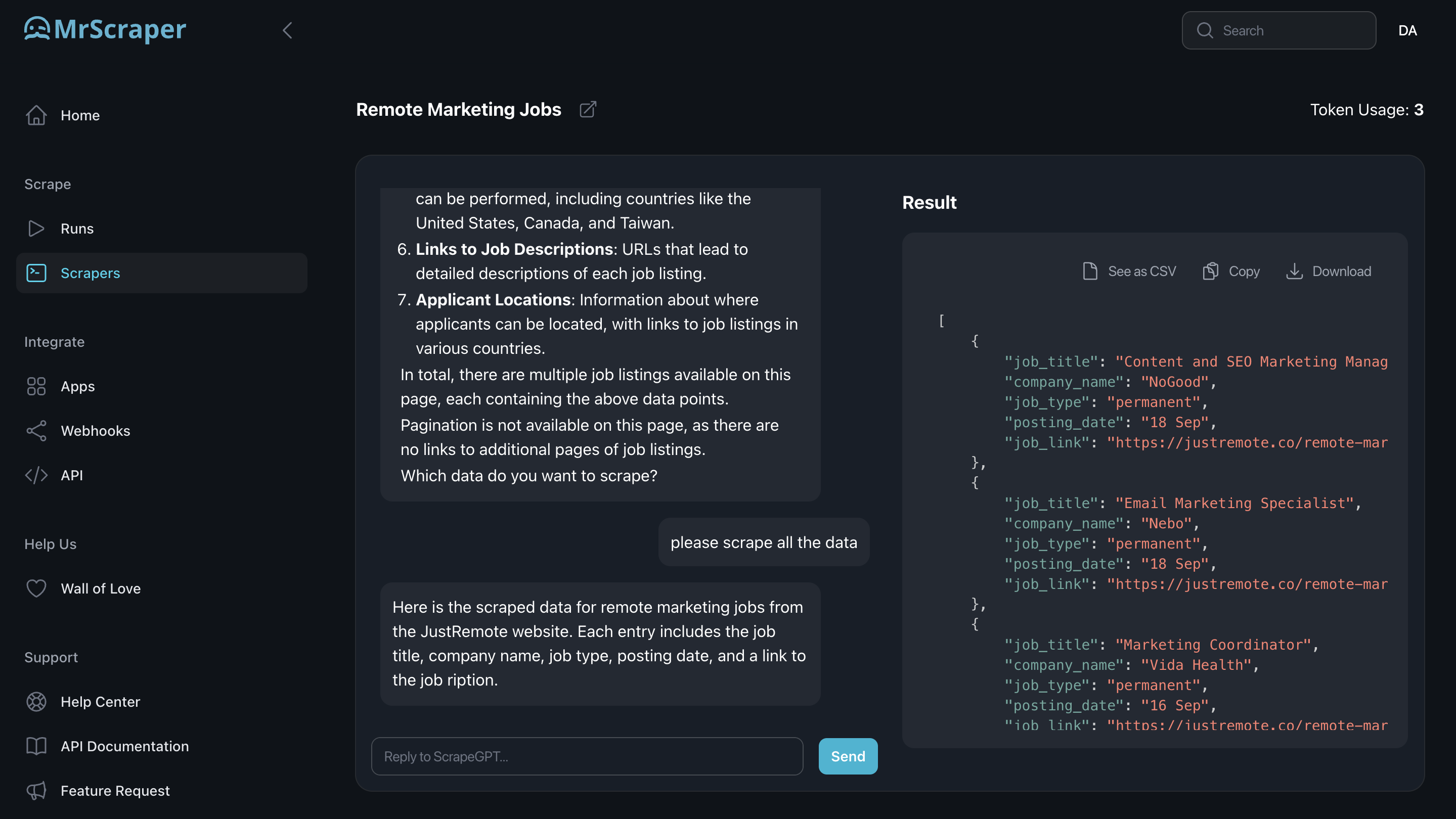 View the result in scrapegpt