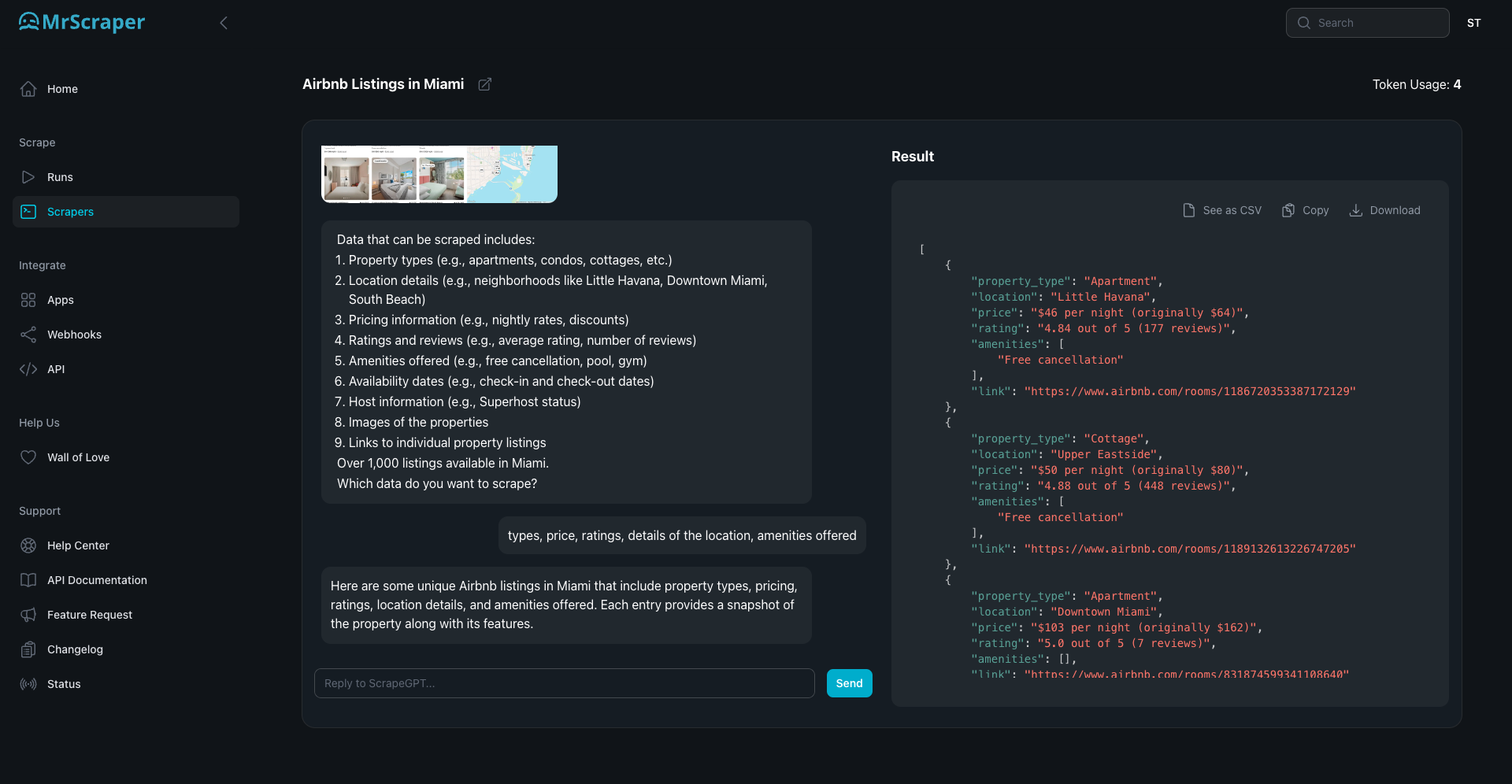 Scraping Airbnb Listings in Miami using Mrscraper